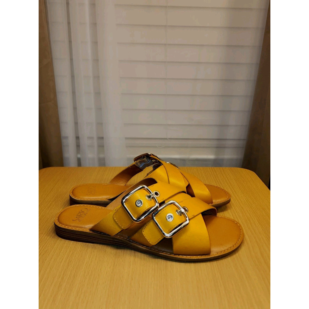 Franco Sarto Women's Honey Yellow Brown LEATHER Belted Sandals SZ 9.5 M - Picture 4 of 11